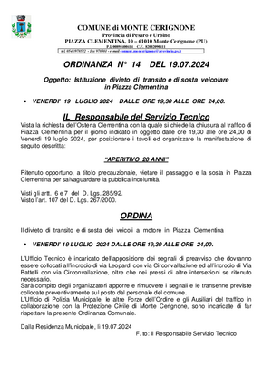 ordinanza n. 14 aperivo 20 anni clementina